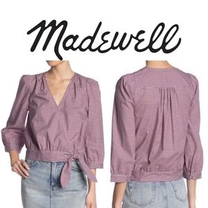 MADEWELL Burgundy Gingham Wrap Blouse/Top with 3/4 Sleeves